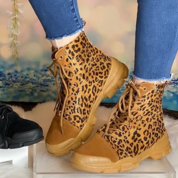 Canvas & Faux Suede Combat Boots in Leopard - Picture 3 of 8